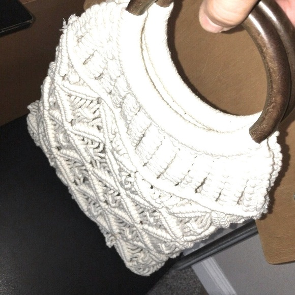 Macramé Handbag Crochet Tote Wooden Handle, 20” Clean like new - Picture 2 of 7